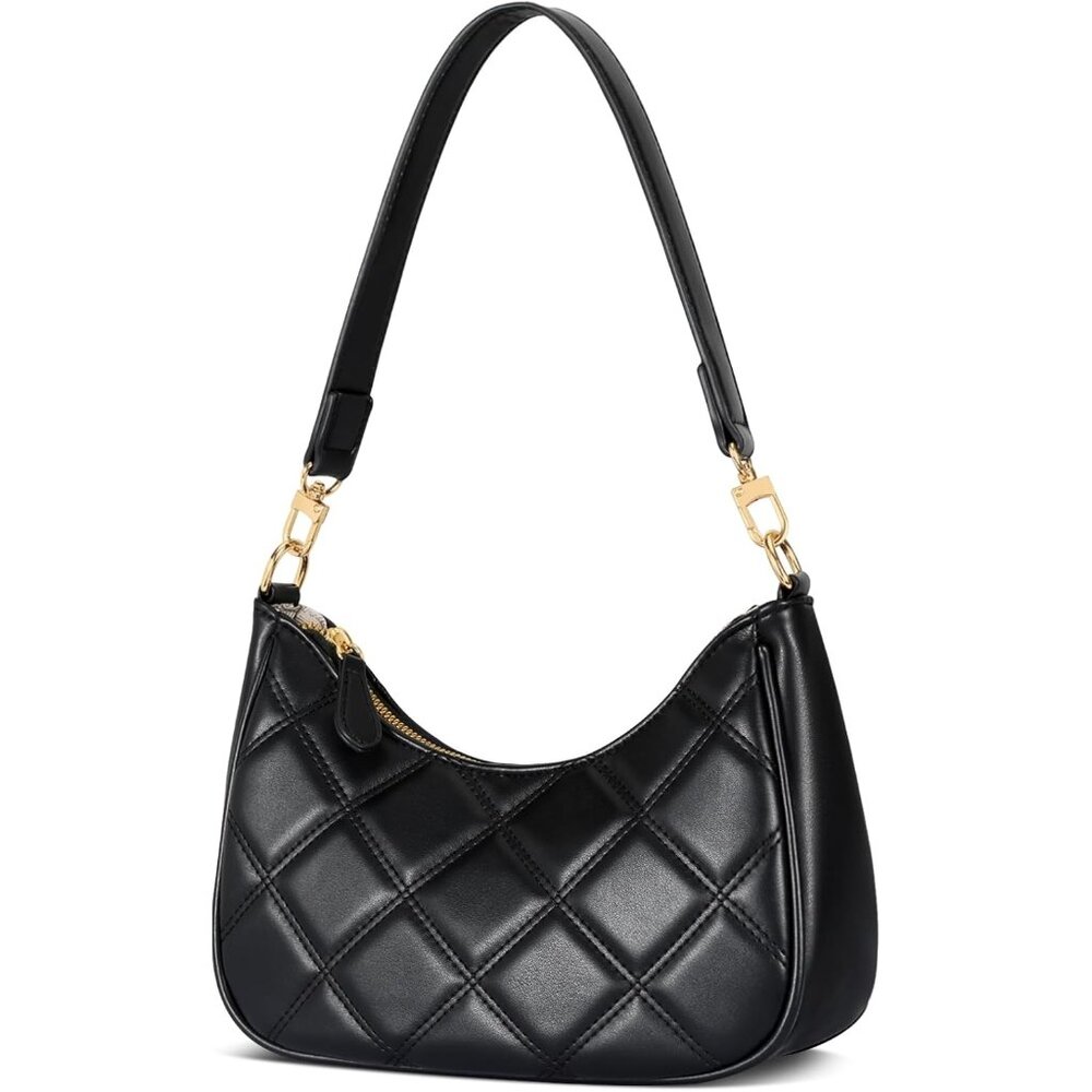 Women's Q-black Leather Gold Chain Strap Underarm Zipper Pouch Hobo Purses